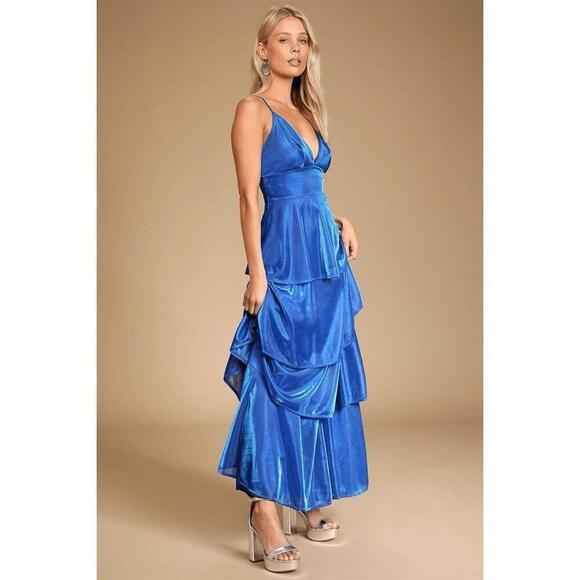 Lulu's Blue Tiered Maxi Dress with Spaghetti Straps Small - Picture 3 of 15